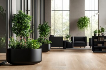 Fototapeta premium Modern open space office with black furniture and large windows. AI generated illustration.