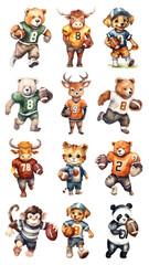 Watercolor animal character playing rugby png cut out set