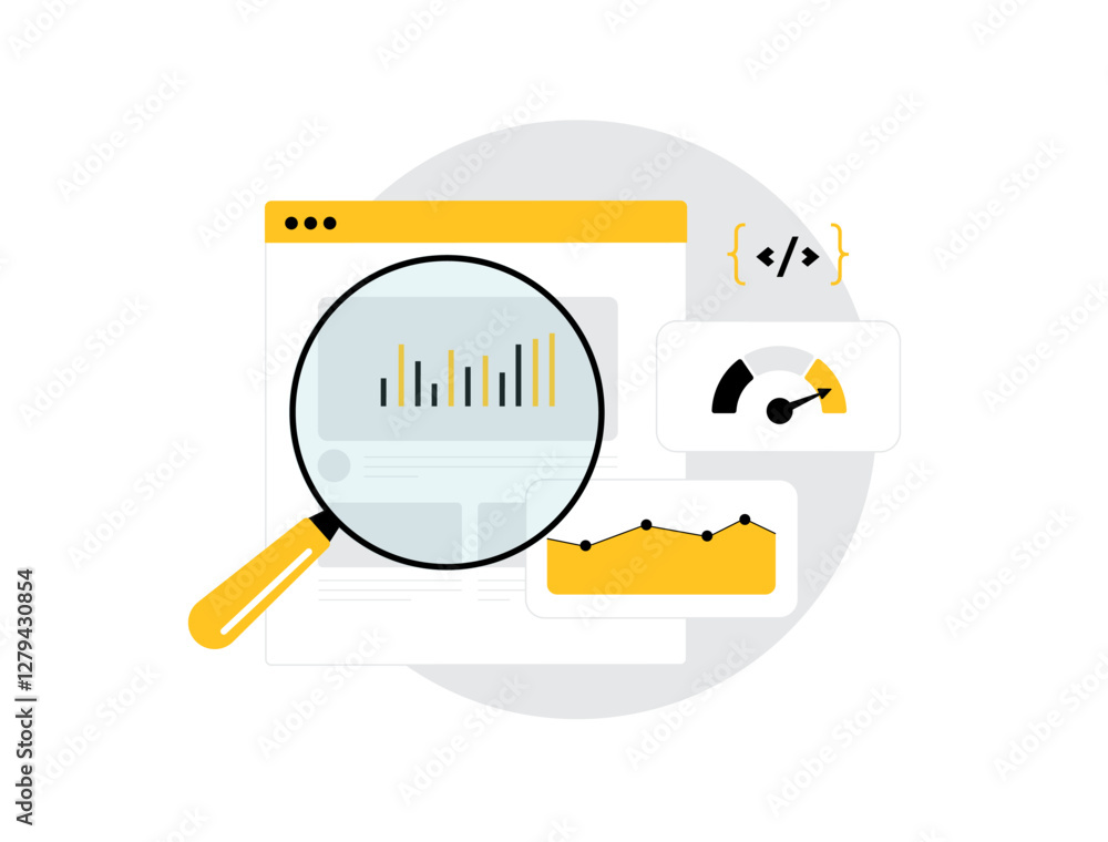 Poster tracking code in web analytics. monitoring user behavior, speed test, collecting data and analyzing 