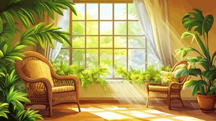 Cozy Sunlit Room with Rattan Chairs and Lush Green Plants