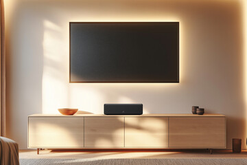Modern Minimalist Living Room Entertainment Setup with Subtle Ambient Lighting
