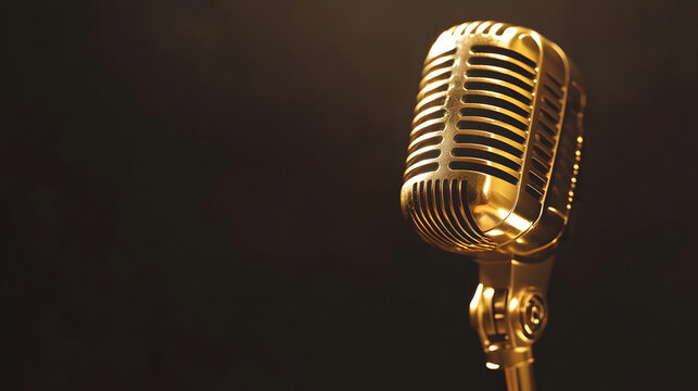 A close-up of a golden vintage microphone illuminated by soft spotlight against a dark background
