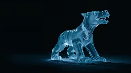 Fototapeta premium Ice sculpture of a barking dog glowing in dark