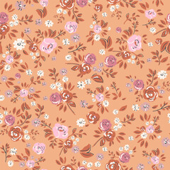 Pink and white flowers in a seamless pattern on peach background