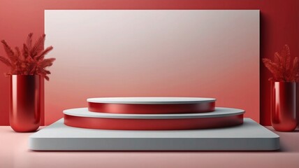 Abstract gradient podium background. Red empty 3d studio backdrop. Clean scene for product...