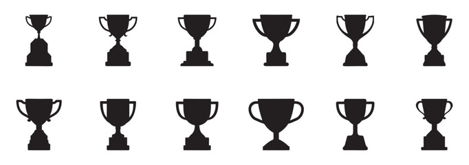 A set of vector icons of black trophy silhouettes symbolizing sports championship awards.