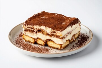 Delightful layers of creamy dessert with a rich cocoa topping served on a simple plate