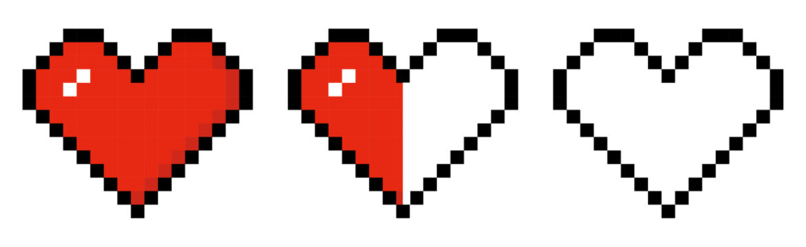 Pixelated heart life bar with decreasing health, 8 bit, retro games, pixel art