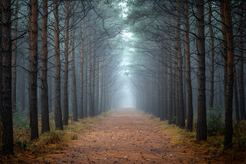 Obraz premium Calm forest path through tall pine trees in misty morning light leading into the distance