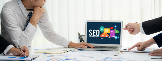SEO search engine optimization for brisk e-commerce and online retail business showing on computer...