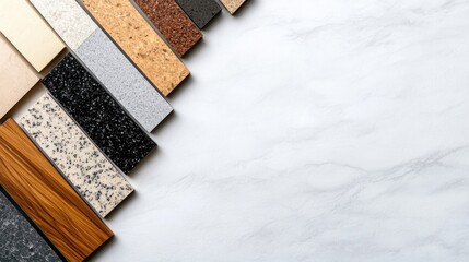 Material samples including marble, granite, wood, and terrazzo showcase texture and color variety for architectural design projects