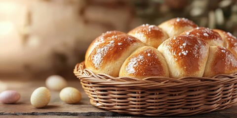 Freshly baked bread rolls in a wicker basket presented on a rustic wooden table setting