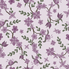 Stylized Pale Lilac and Amethyst Purple and Pastel Violet Flowers on Trailing Vines on Pale Lavender Background creating a seamless pattern print background