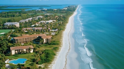 Fototapeta premium Aerial view showcasing a vibrant beach resort featuring a sparkling pool and pristine shoreline, highlighting leisure and relaxation in a tropical paradise.