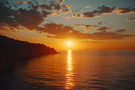 Vibrant sunset over calm sea with reflections along rocky coastline in a serene evening