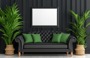 Obraz premium Black Tufted Sofa with Green Pillows in Dark Wood Room