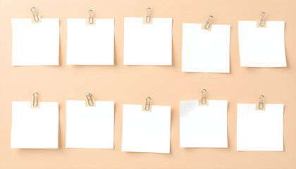 Ten square white notes clipped against a tan background, ideal for lists or information display