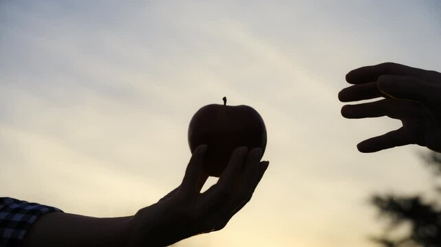 Two silhouetted hands of men and a women against a warm sunset. One hand is passing the apple to the other, creating a scene that symbolizes giving, sharing, or generosity. The background features a
