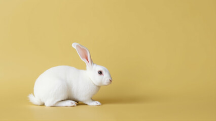 Obraz premium Cute white bunny on isolated olive background colors