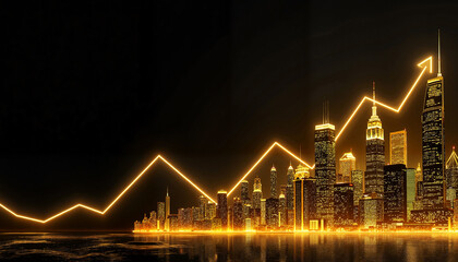 Abstract golden city skyline with glowing financial graphs illustrating urban growth and leadership, modern business concept