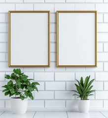Blank Canvases in Gold Frames on White Brick Wall