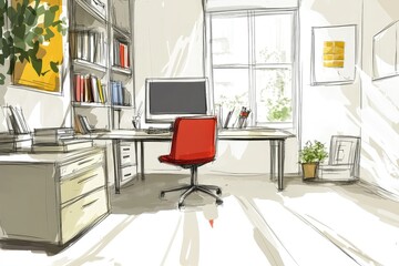 Fototapeta premium Hand drawn modern office. AI generated illustration.