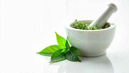 Minimalist pharmaceutical design featuring a mortar and pestle with fresh green herbs against a white background, symbolizing traditional and modern medicine.