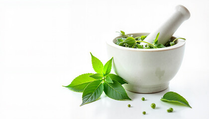 Minimalist mortar and pestle with fresh green herbs against a clean white background, symbolizing the blend of traditional and modern medicine, wellness concept
