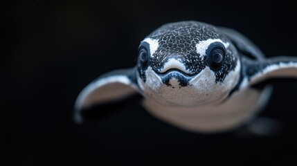 Fototapeta premium Young penguin chick swims underwater, looking directly at the camera in dark ocean depths.