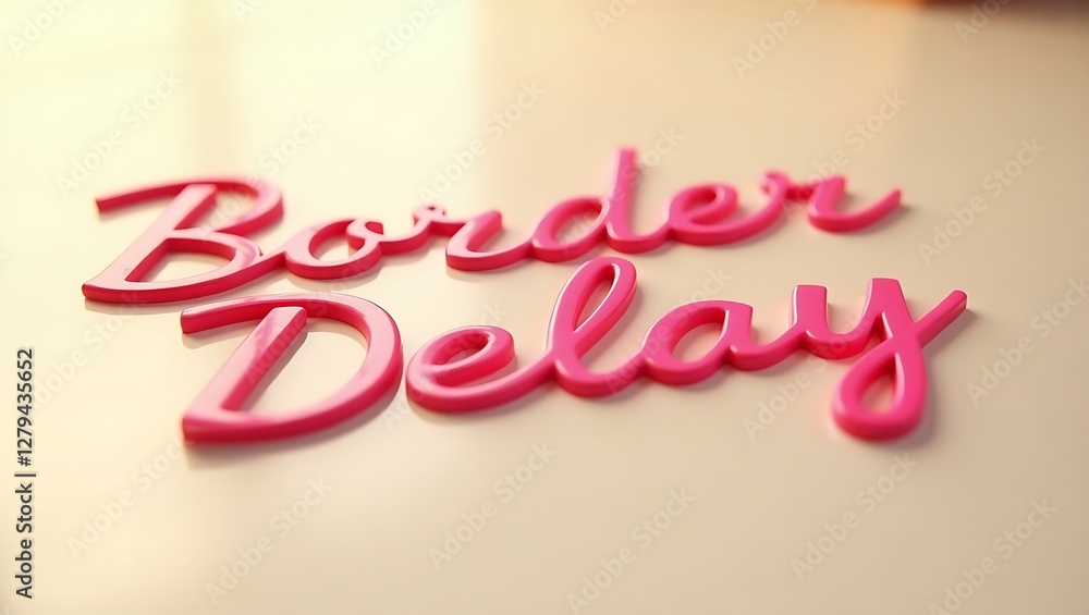 Aufkleber bold pink typography spelling out border delay on a smooth surface in a casual setting