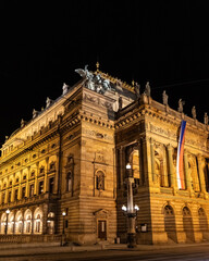Fototapeta premium Night view in Prague Historical Gothic Medieval castle, St. Vitus Cathedral, Charles Bridge and astronomical clock, Unesco city tourism