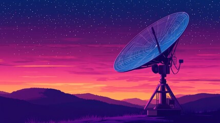 A vibrant sunset scene featuring a large satellite dish on a hilltop surrounded by mountains