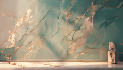 Elegant product mock up scene, soft green wall backdrop, soft sunlight