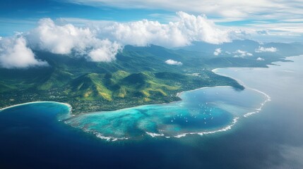 Aerial view showcasing a vibrant tropical island surrounded by a deep blue ocean and adorned with fluffy white clouds, highlighting nature's beauty.