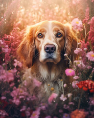 Close-up romantic portrait of red dog with long ears sitting in pink flowers in garden on summer evening