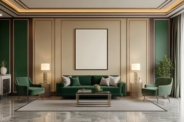 mock up poster frame in modern interior background living room Art Deco style render illustration