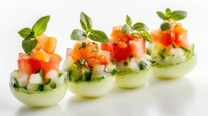 Three cucumber cups filled with colorful vegetables and garnished elegantly for a fresh and healthy presentation.
