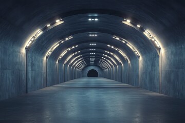 Fototapeta premium Illuminated tunnel entrance in spacious dark hall with lights and copyspace. AI generated illustration.