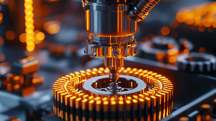 A close-up of a precision machine tool engaged in a manufacturing process, highlighted by vibrant orange lights and intricate gears.