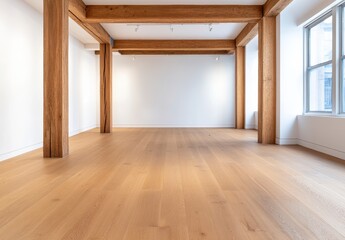 Fototapeta premium Bright Minimalist Interior with Exposed Wooden Beams and Light Wood Floor