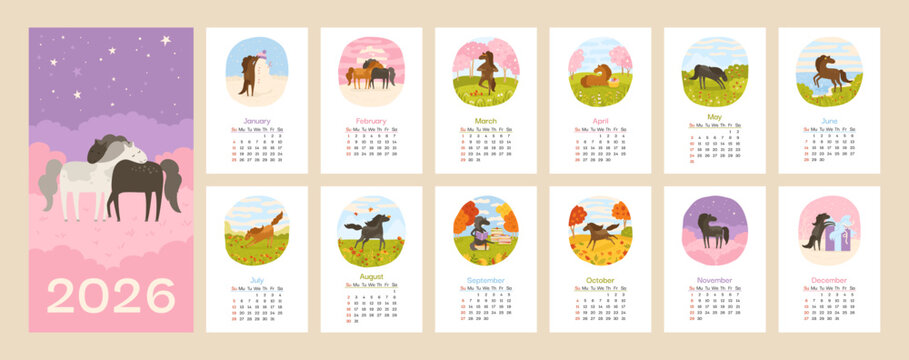 Calendar 2026 with Horse mascot vertical template. Wall calendar with mare, mustang. Set of 12 pages and cover with horses in different poses, scenes landscapes. Week starts Sunday vector illustration