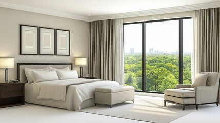 Fototapeta premium Modern Bedroom with Large Window Overlooking Lush Green Landscape