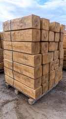 Bright sunlight streams into an old wooden warehouse, highlighting tall stacks of white oak planks arranged on pallets and shelves