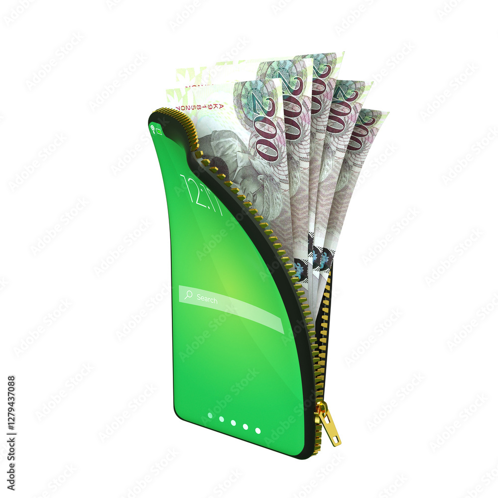 Poster online mobile money wallet concept. 3d rendering of botswana pula notes inside smart phone isolated 