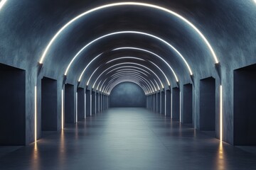 Illuminated tunnel entrance in spacious dark hall with lights and copyspace. AI generated illustration.