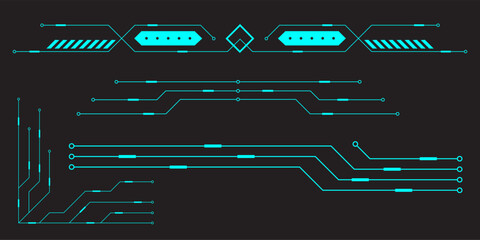 HUD digital futuristic user interface horizontal frame. Sci Fi high tech screen. Cyberpunk game menu touching monitoring hologram dashboard panel. Cyberspace head-up display information vector border
