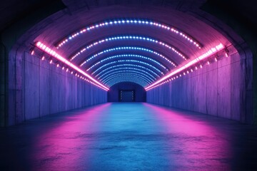 Illuminated tunnel entrance in spacious dark hall with lights and copyspace. AI generated illustration.
