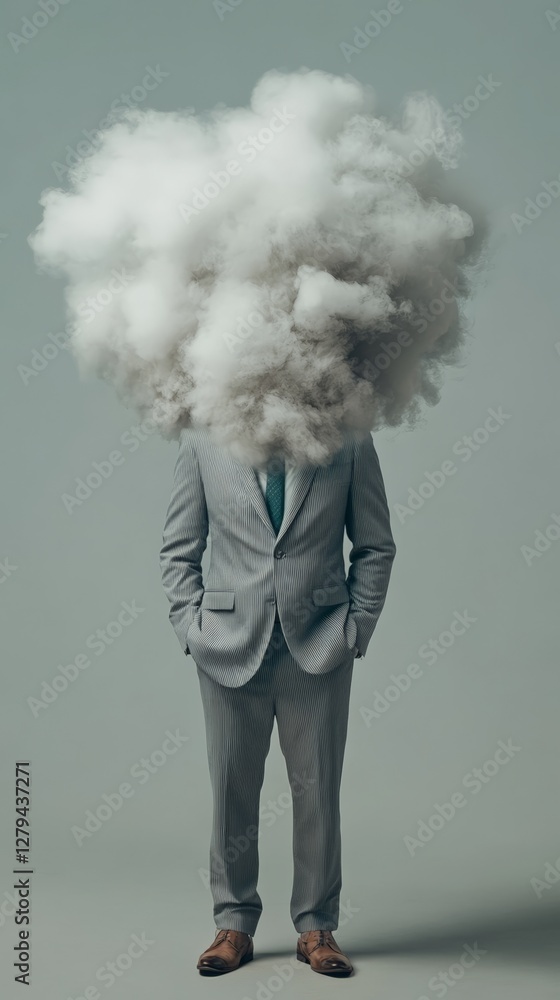 Aufkleber businessman standing still with hands in pockets and a large cloud of smoke and vapor coming out fro