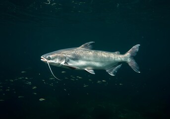 Mysterious Dark Water Catfish with Elongated Body and Whisker-Like Barbels Surrounded by Smaller Fish in an Underwater Scene