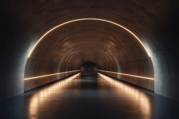 Illuminated tunnel entrance in spacious dark hall with lights and copyspace. AI generated illustration.